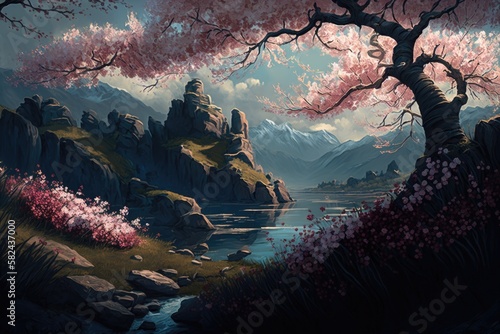 Sakura near the river landscape