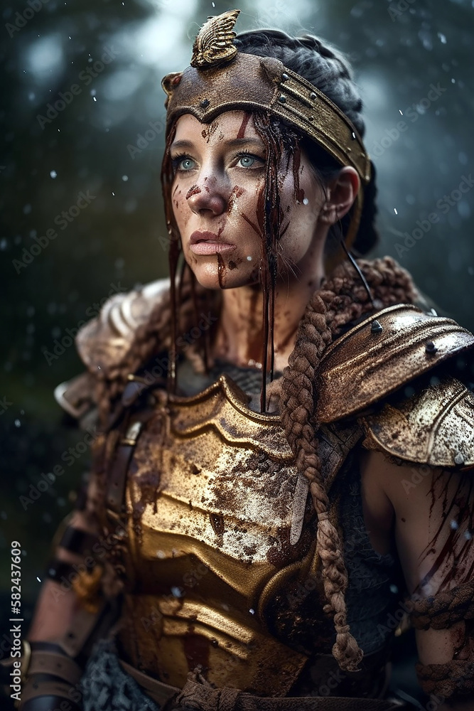 Portrait of an ancient female warrior with metal armor stained with mud and blood. Fantasy wallpaper, cover design and poster created with Generative AI