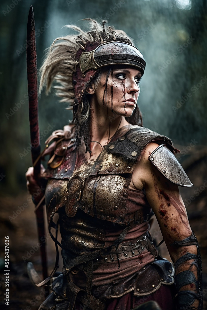 Portrait of an ancient female warrior with leather armor stained with mud and blood. Fantasy wallpaper, cover design and poster created with Generative AI Portrait of an ancient female warrior with leather armor stained with mud and blood. Fantasy wallpaper, cover design and poster created with Generative AI
