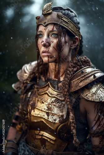 Portrait of an ancient female warrior with metal armor stained with mud and blood. Fantasy wallpaper, cover design and poster created with Generative AI