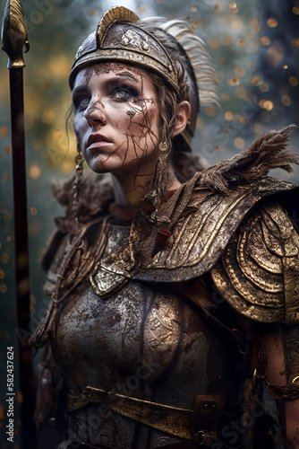 Portrait of an ancient female warrior with roman metal armor stained with mud and blood. Fantasy wallpaper, cover design and poster created with Generative AI