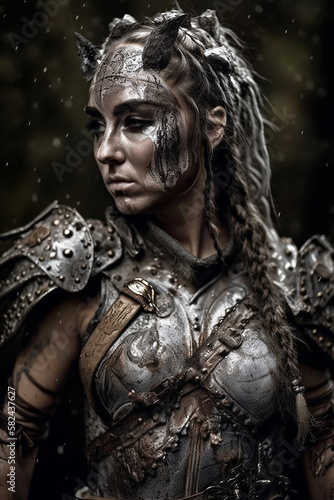 Portrait of an ancient barbarian female warrior with metal armor stained with mud and blood. Fantasy wallpaper, cover design and poster created with Generative AI