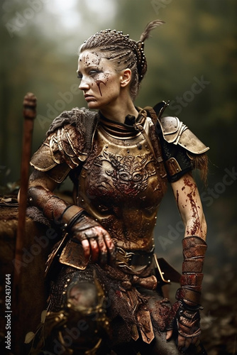 Portrait of a short haired ancient female warrior with metal armor stained with mud and blood. Fantasy wallpaper, cover design and poster created with Generative AI