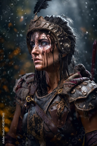 Portrait of an ancient female warrior with roman armor stained with mud and blood. Fantasy wallpaper  cover design and poster created with Generative AI