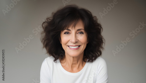 Beautiful woman with stylish short brown dark hairstyle. Adult with a curly hair. Mature female with natural makeup portrait. Generative AI