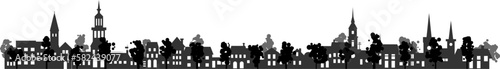 Old village rural stylized silhouette. Suburb with small house, church, tree and garden in residental district countryside neighborhood
