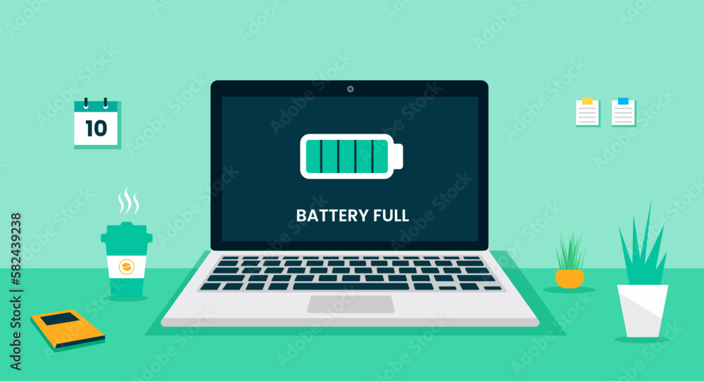 Laptop computer desk battery full icon on screen concept, vector flat design illustration. laptop desk vector flat design. computer desk vector flat design. computer desk working space. Laptop computer desk battery full icon on screen concept, vector flat design illustration. laptop desk vector flat design. computer desk vector flat design. computer desk working space.