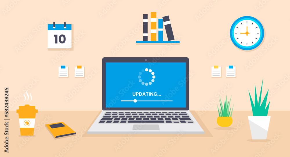 laptop computer desk system software updating or loading process screen, laptop desk vector flat design. computer desk vector flat design. computer desk working space.