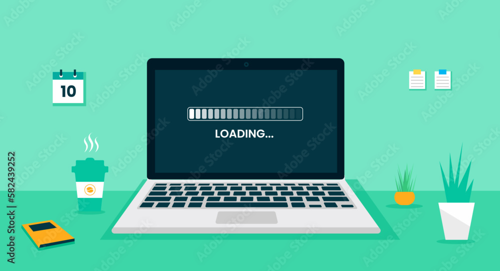 laptop computer loading process vector illustration. laptop system software update and upgrade installation flat design, laptop desk vector flat design. computer desk vector flat design. laptop computer loading process vector illustration. laptop system software update and upgrade installation flat design, laptop desk vector flat design. computer desk vector flat design.