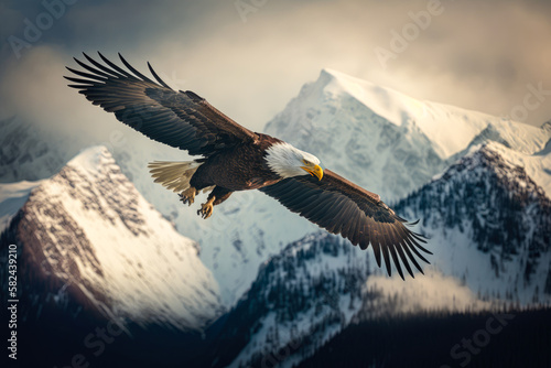 a bald eagle (Haliaeetus leucocephalus) soaring high above a mountain range - Generative AI