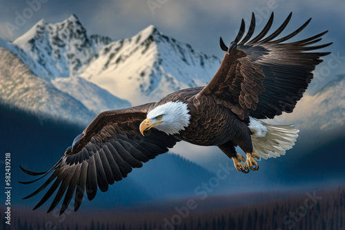 a bald eagle (Haliaeetus leucocephalus) soaring high above a mountain range - Generative AI © Florian