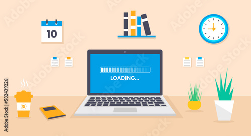 laptop computer loading process vector illustration. laptop system software update and upgrade installation flat design, laptop desk vector flat design. computer desk vector flat design.