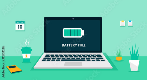 Laptop computer desk  battery full icon on screen concept, vector flat design illustration. laptop desk vector flat design. computer desk vector flat design. computer desk working space.