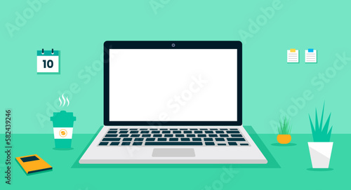 laptop computer desk with white empty display screen for working space, vector laptop computer flat design illustration. computer desk design. laptop computer desk design template.