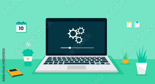 laptop computer repair and software development design. laptop desk vector flat design. computer desk vector flat design. computer desk working space.