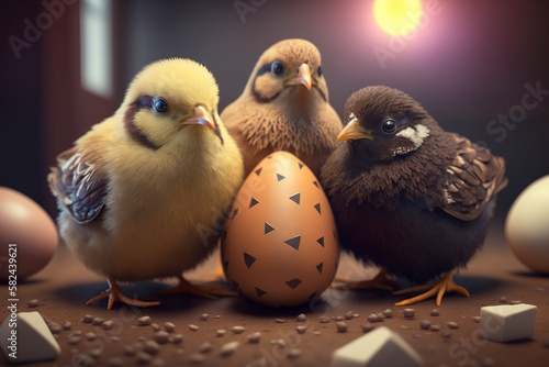 Adorable little chicken chicks with Easter eggs in a basket