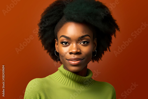 Studio protrait of beautiful Afro American woman over orange background with copy space. Advertising concept. Generative AI.