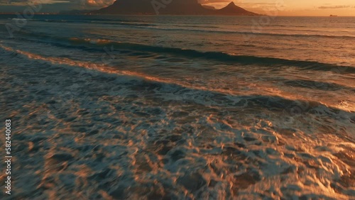 Sunset in Cape Town. Aerial Sunset with Table Mountain