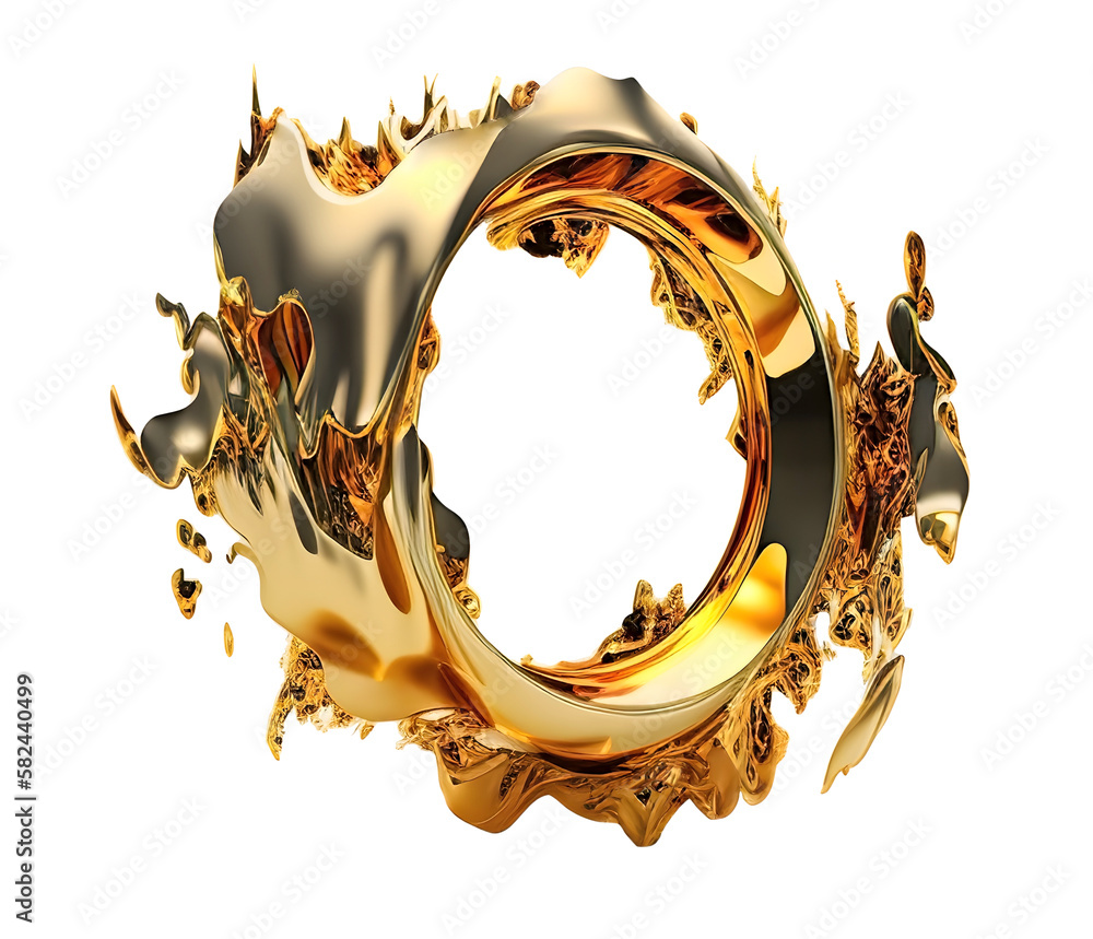 Abstract molten gold splashes in shape of ring, isolated on white. Generative AI