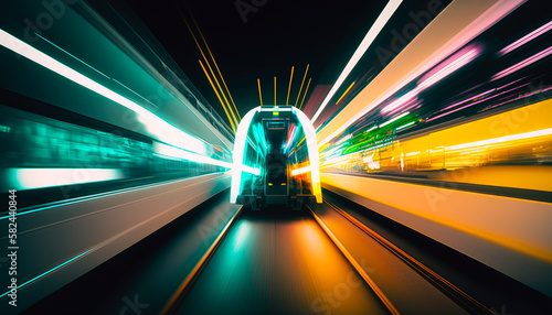 a subway train racing through the tunnels beneath Tokyo, with the futuristic neon lights and sleek design of the train creating a modern and edgy shot, long exposure - Generative AI