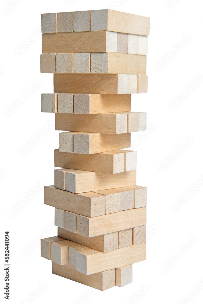 Jengo game from wooden blocks on a white background. Isolate on white. Jango Jengo game from wooden blocks on a white background. Isolate on white. Jango
