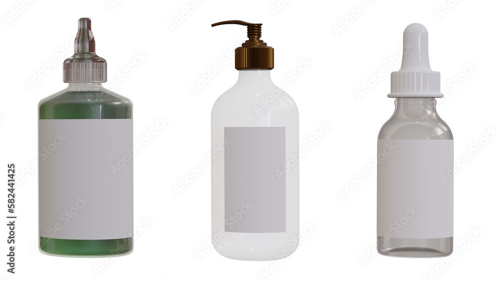 Beauty containers set. Cream, lotion, spray, oil, shampoo, hand soap ...