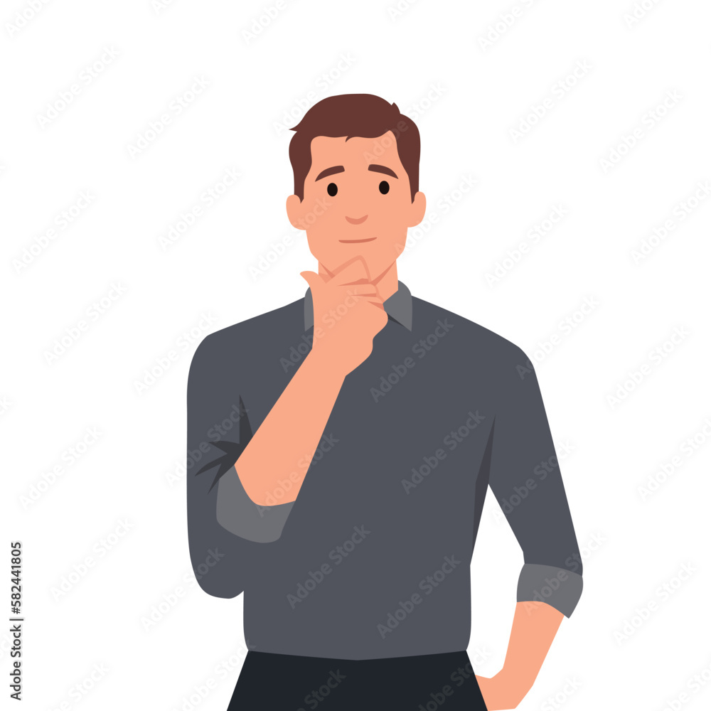 Young business man making thinking gesture. Stroking or scratching chin thoughtfully. Front view. Young business man making thinking gesture. Stroking or scratching chin thoughtfully. Front view.