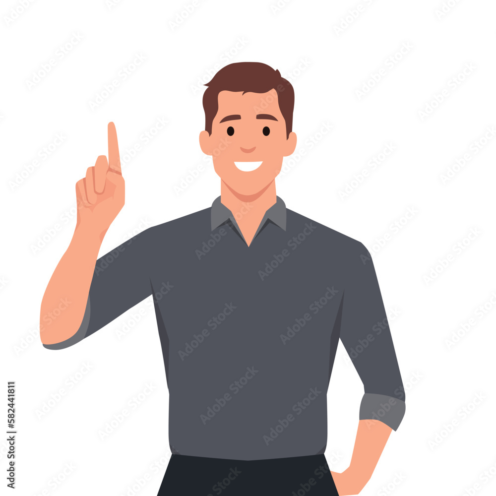 Happy young business man pointing up. Light bulb representing idea, solution in the thought bubble. Trendy person thinking, gesturing or showing index finger Happy young business man pointing up. Light bulb representing idea, solution in the thought bubble. Trendy person thinking, gesturing or showing index finger