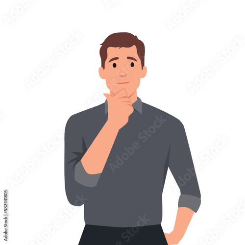 Young business man making thinking gesture. Stroking or scratching chin thoughtfully. Front view.