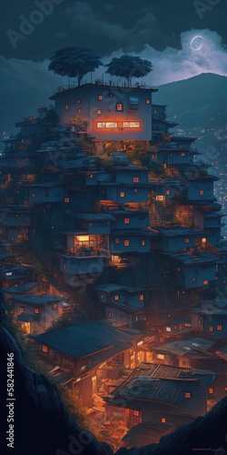 Dystopian Crowded Favela on Steep Mountainside