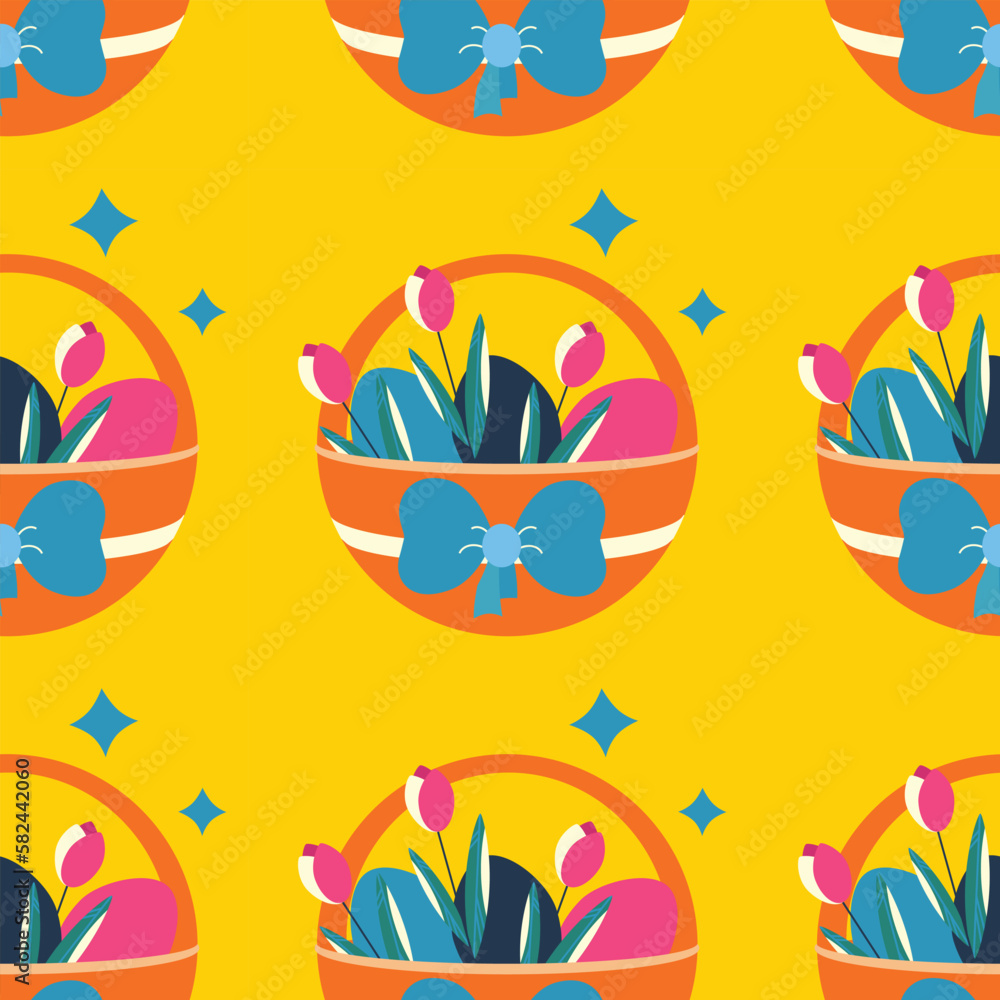 Easter pattern with basket with colored eggs, bow, and tulip flowers.