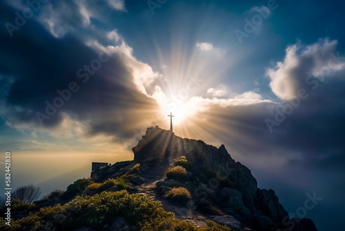 Fotografia Raios de sol aparecem por detrás das nuvem e escondem uma cruz no topo da montan