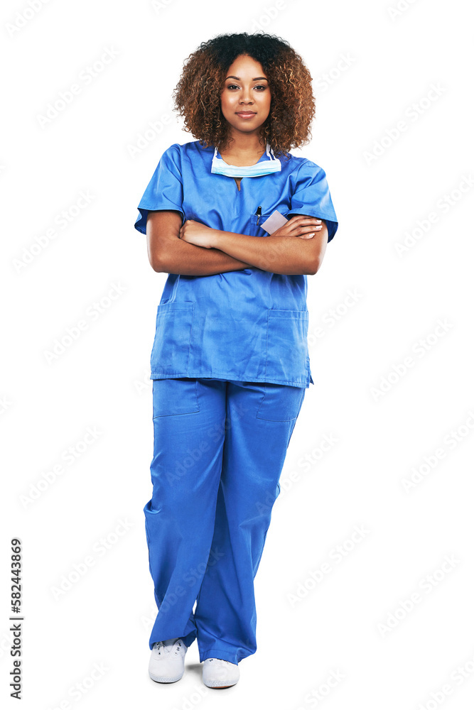 Nurse, portrait and black woman with arms crossed standing with pride. Healthcare, wellness and confident female medical physician from Nigeria isolated on a png background for hospital care Nurse, portrait and black woman with arms crossed standing with pride. Healthcare, wellness and confident female medical physician from Nigeria isolated on a png background for hospital care
