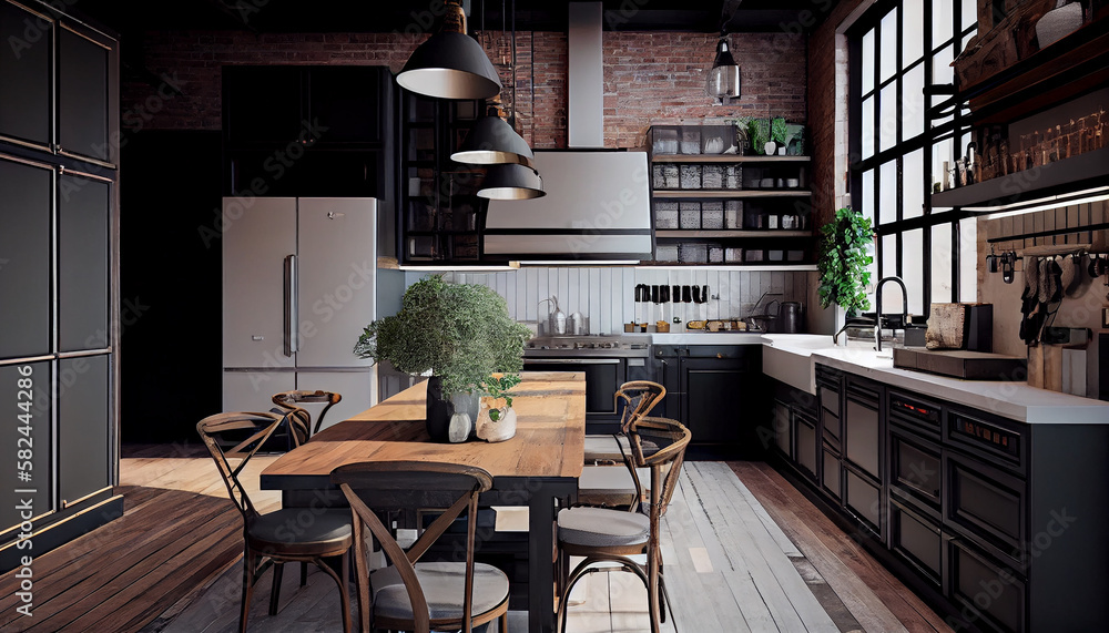 Industrial Chic Elegance A Sleek and Sophisticated Kitchen with Industrial Accents, Generative AI