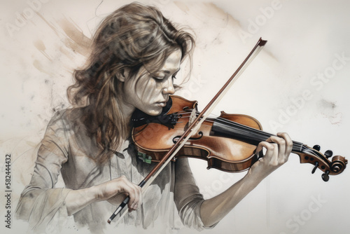 Bleistiftzeichnung mit Wasserfarbe einer hübschen Solistin an der Violine. KI generierter Inhalt.