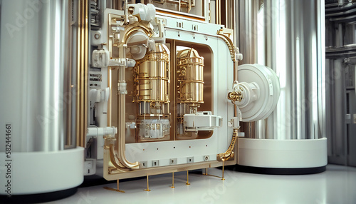 Conceptual high tech power plant thermonuclear or nuclear reactor, including elements of fusion space stations, electricity production, microwave components.