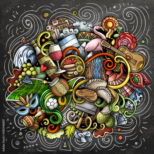 Argentina hand drawn cartoon doodles illustration. Funny travel design. Chalkboard vector background. Latin America country elements and objects.