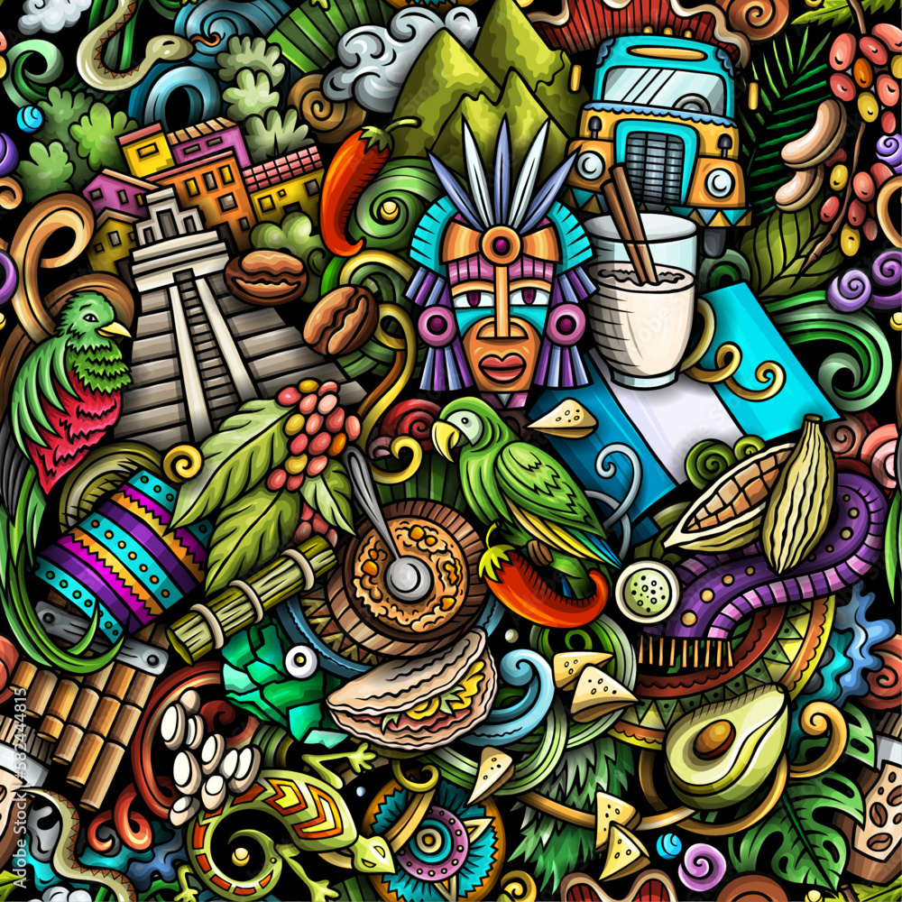 Cartoon doodles Guatemala seamless pattern. Backdrop with local Central America culture symbols and items. Colorful background for print on fabric, textile, greeting cards, scarves, wallpaper