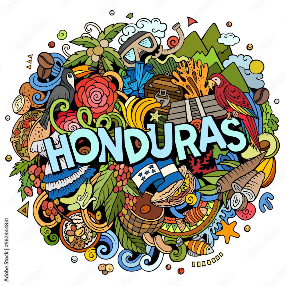 Honduras cartoon doodle illustration. Funny design. Creative vector background. Handwritten text with Jamaican elements and objects. Colorful composition