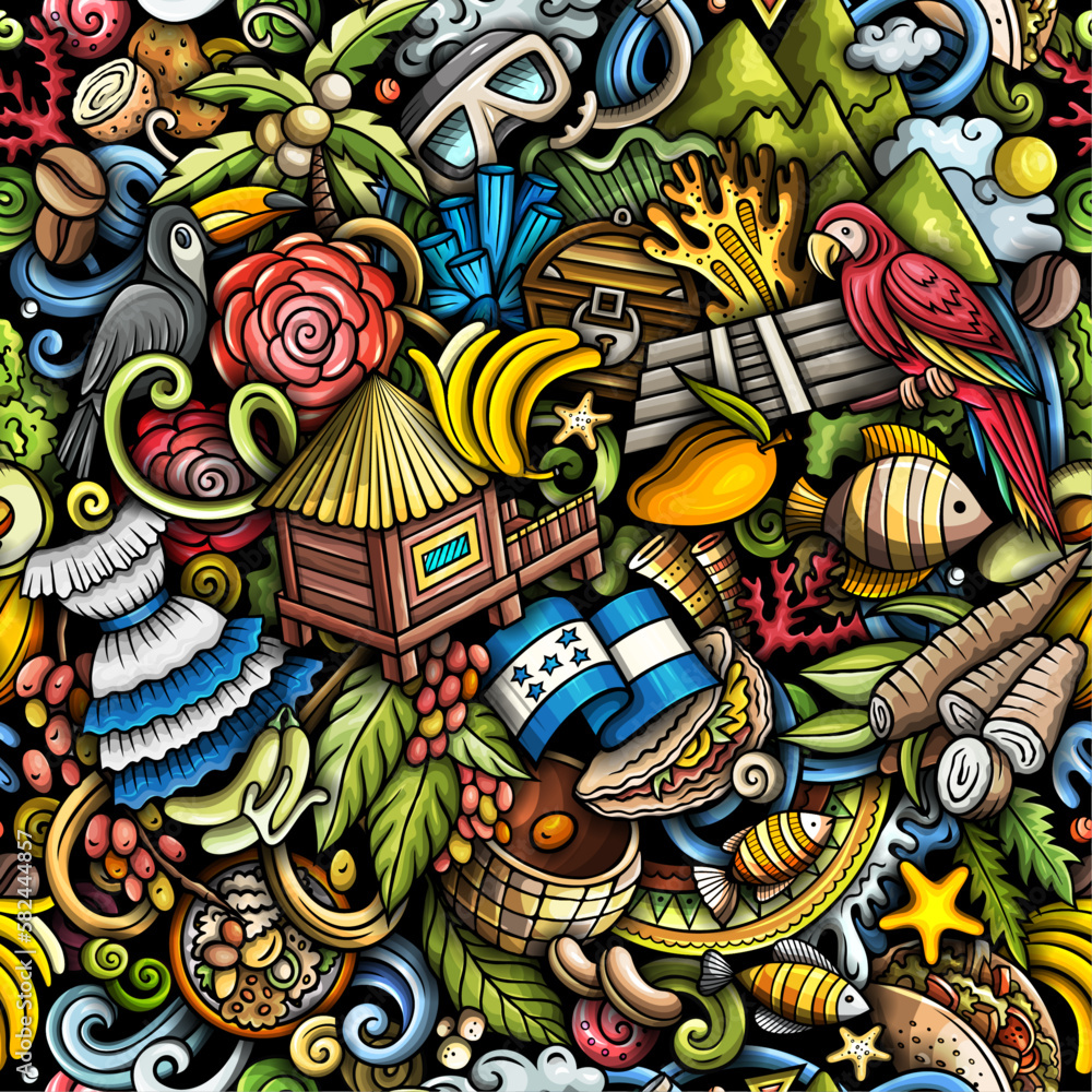 Cartoon doodles Honduras seamless pattern. Backdrop with local Honduran culture symbols and items. Colorful background for print on fabric, textile, greeting cards, scarves, wallpaper