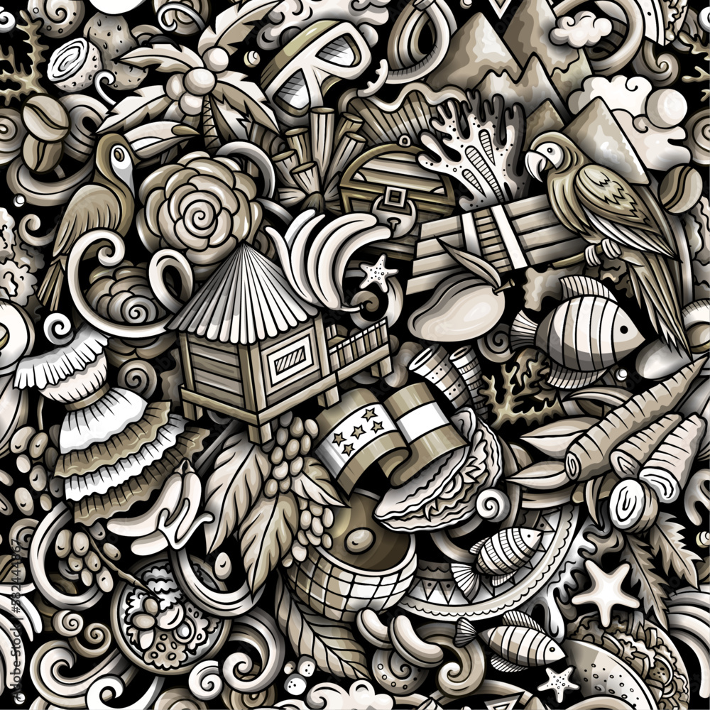 Cartoon doodles Honduras seamless pattern. Backdrop with local Honduran culture symbols and items. Monochrome background for print on fabric, textile, greeting cards, scarves, wallpaper Cartoon doodles Honduras seamless pattern. Backdrop with local Honduran culture symbols and items. Monochrome background for print on fabric, textile, greeting cards, scarves, wallpaper