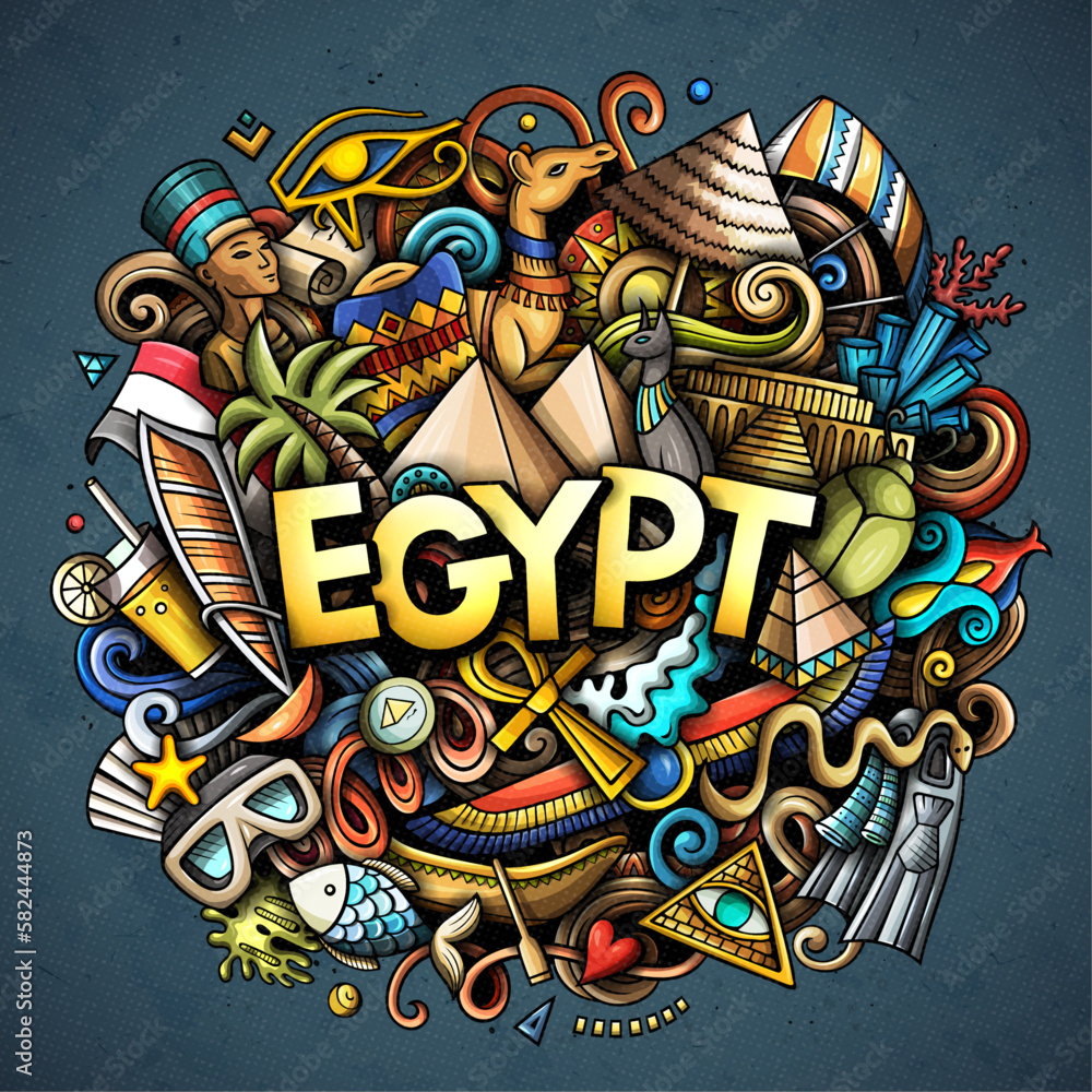 Egypt cartoon doodle illustration. Funny design. Creative vector background. Handwritten text with Egyptian elements and objects. Colorful composition