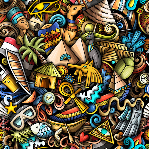 Cartoon doodles Egypt seamless pattern. Backdrop with local Egyptian culture symbols and items. Colorful background for print on fabric, textile, greeting cards, scarves, wallpaper