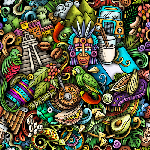 Cartoon doodles Guatemala seamless pattern. Backdrop with local Central America culture symbols and items. Colorful background for print on fabric, textile, greeting cards, scarves, wallpaper