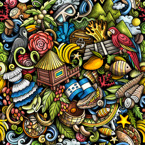 Cartoon doodles Honduras seamless pattern. Backdrop with local Honduran culture symbols and items. Colorful background for print on fabric, textile, greeting cards, scarves, wallpaper