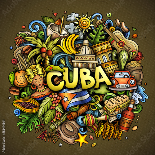 Cuba cartoon doodle illustration. Funny design. Creative vector background. Handwritten text with Cuban elements and objects. Colorful composition