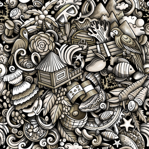 Cartoon doodles Honduras seamless pattern. Backdrop with local Honduran culture symbols and items. Monochrome background for print on fabric, textile, greeting cards, scarves, wallpaper