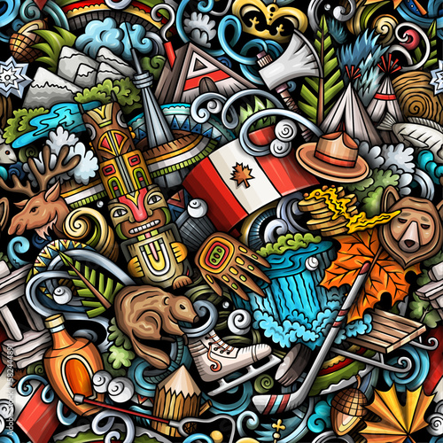 Cartoon doodles Canada seamless pattern. Backdrop with local Canadian culture symbols and items. Colorful background for print on fabric, textile, greeting cards, scarves, wallpaper