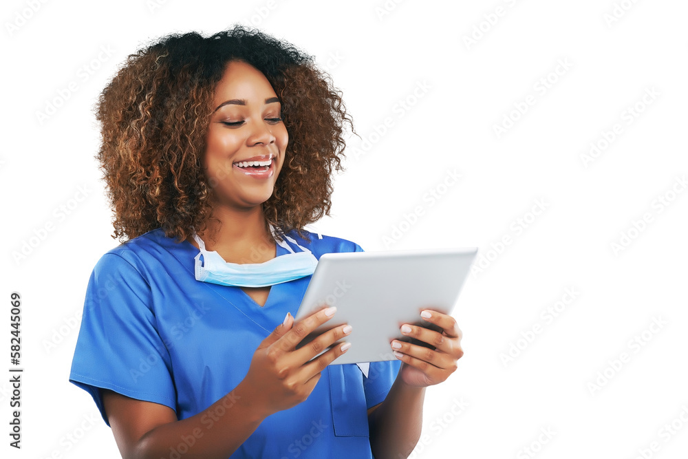 Nurse, health and black woman with tablet reserach. Technology, wellness and happy female medical physician laughing with touchscreen for research or telehealth isolated on a png background Nurse, health and black woman with tablet reserach. Technology, wellness and happy female medical physician laughing with touchscreen for research or telehealth isolated on a png background