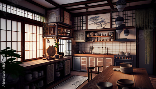 A modern kitchen room, Kitchen illustration Generative AI © Retro graphics